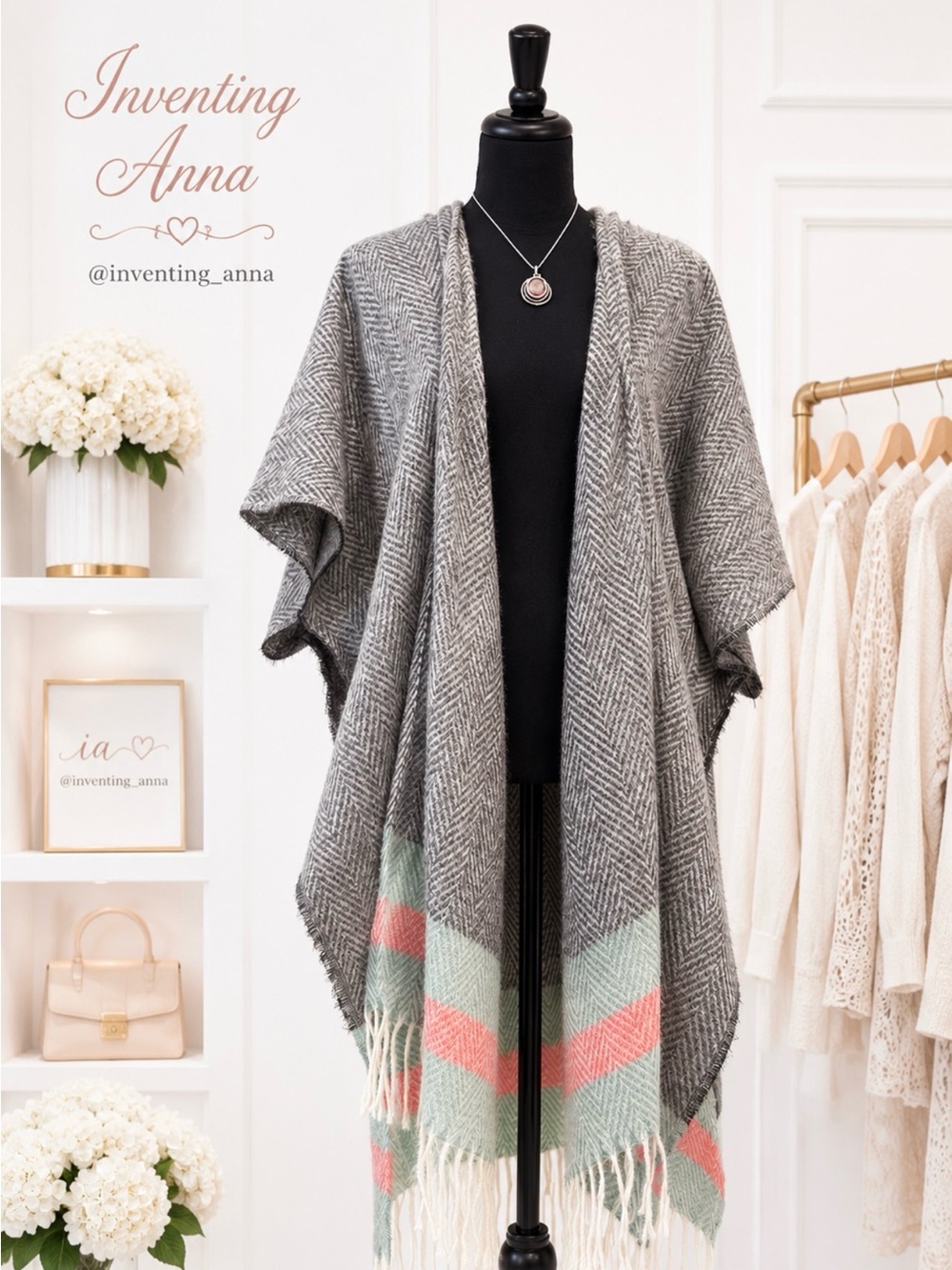 Gray Chevron Patterned Shawl/Poncho w/Fringe Hemline and Wide Stripe Color Trim